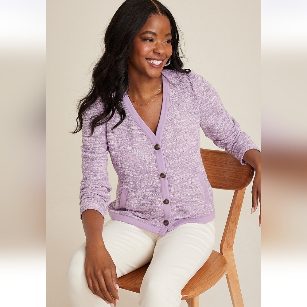 Maurices Lilac Cropped Tweed Button Down Cardigan, Size Large